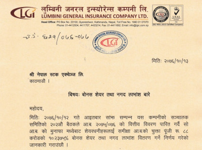 लुम्बिनी जनरल इन्स्योरेन्सले प्रस्ताव गर्यो लाभांश, नगद र बोनस सेयर कति?