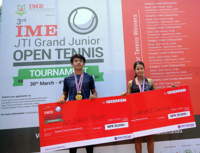 तेस्रो आईएमई टेनिस प्रतियोगिता : अकि र सर्भानीलाई यु–१६ को उपाधि