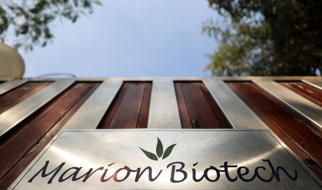 Logo of Marion Biotech, a healthcare and pharmaceutical company is seen on a gate outside their office in Noida, India, December 29, 2022. REUTERS/Anushree Fadnavis/File Photo